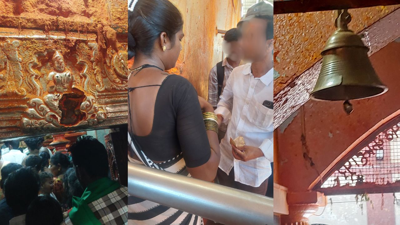 Savadatti Yallamma Hill: Broken sanctum sanctorum bell, silver door frame