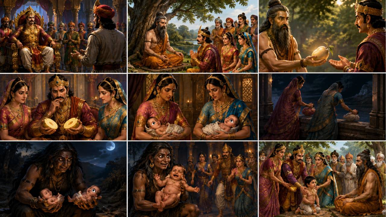 Warrior Jarasandha was born from a fruit given by Sage Chandakaushika